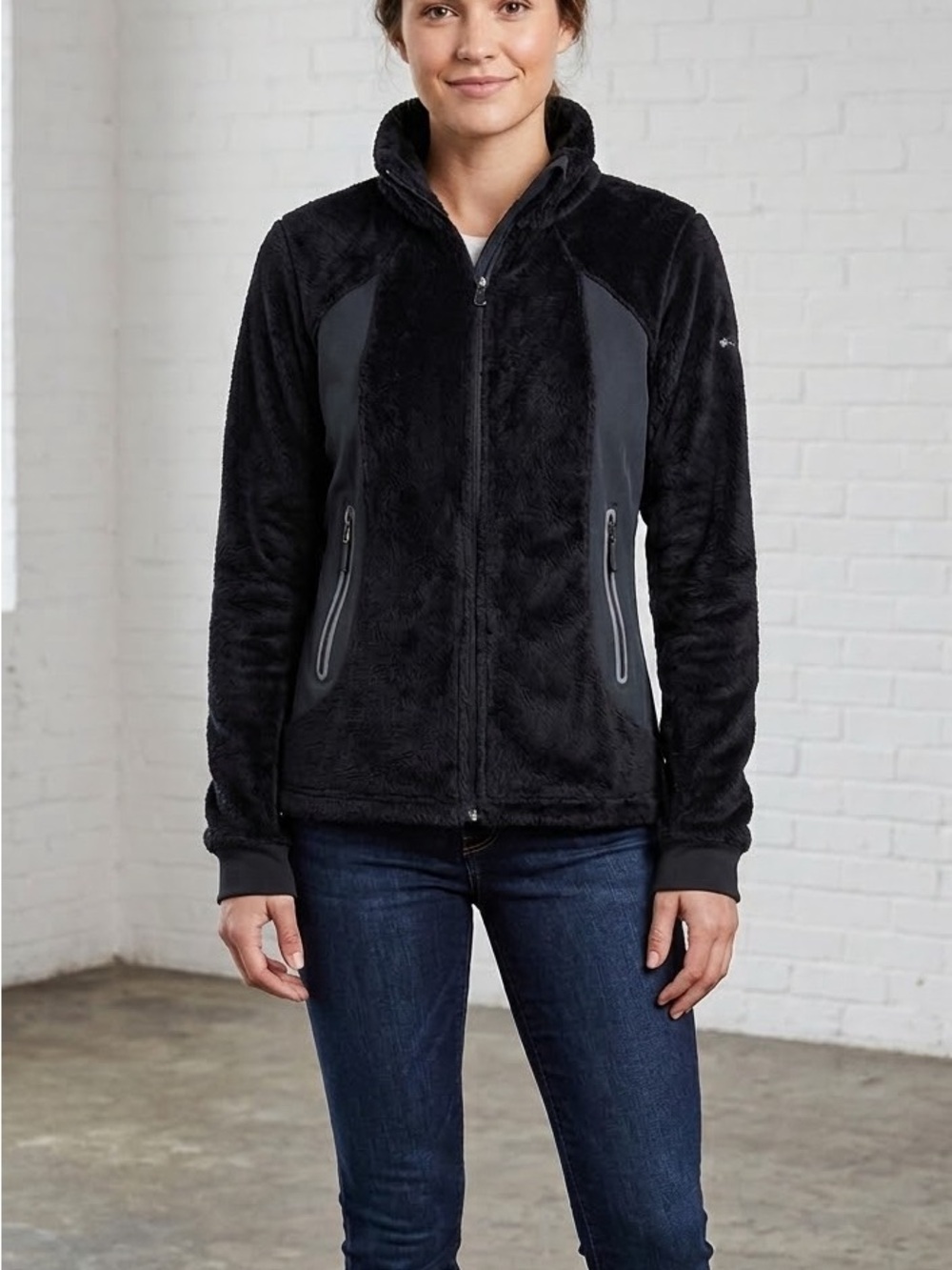 Columbia Black Zip Up Interchangeable Fuzzy Faux Fur Jacket Size M